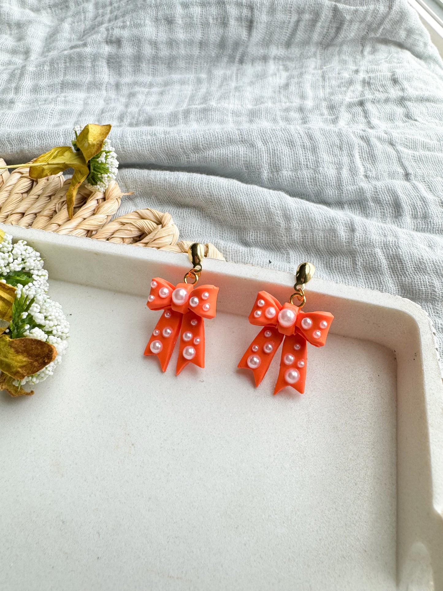 Orange Pearl Bow Dangles